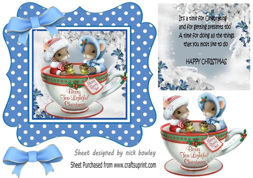 Cute christmas mice in a teacup, in blue polkadot frame
