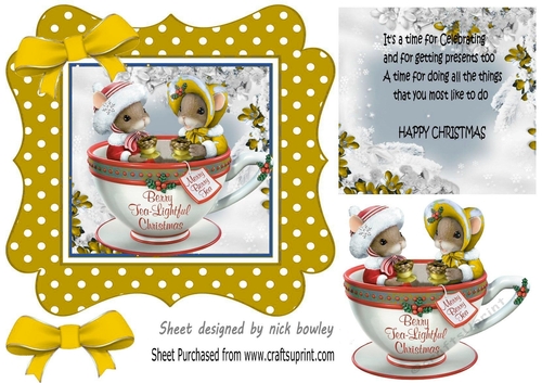 Cute christmas mice in a teacup, in gold polkadot frame