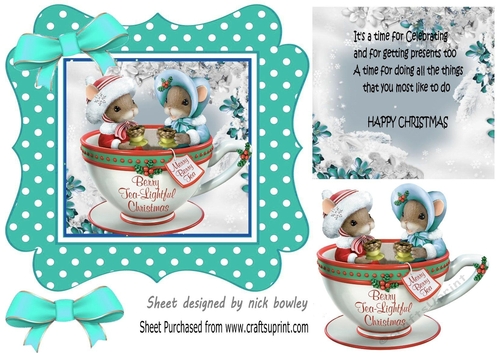 Cute christmas mice in a teacup, in turq polkadot frame