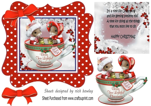Cute christmas mice in a teacup, in red polkadot frame