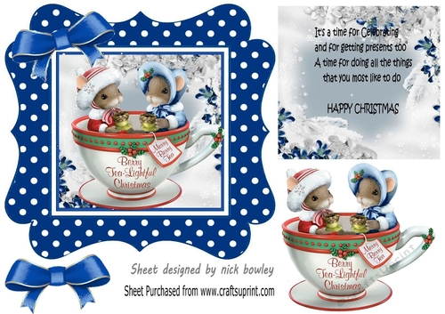 Cute christmas mice in a teacup, in royal blue polkadot frame