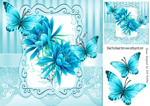 Pretty blue flowers in ornate 8x8 frame with butterflies