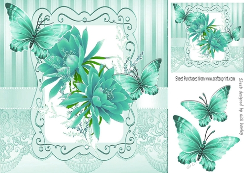 Pretty turq flowers in ornate 8x8 frame with butterflies