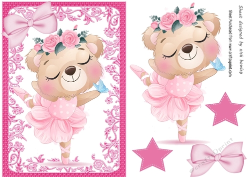 Teddy Ballerina with pink bow in ornate A5