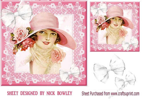 Pretty vintage lady in pink in hat with bow 8x8