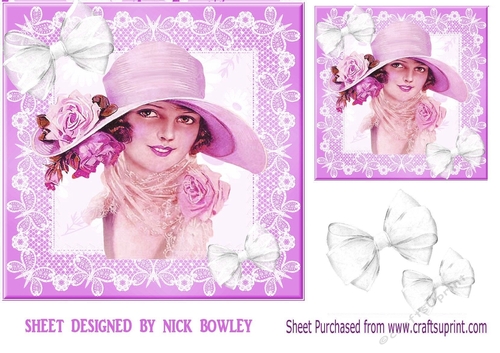 Pretty vintage lady in lilac in hat with bow 8x8