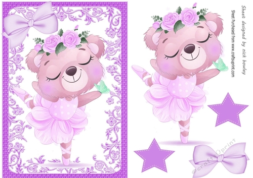 Teddy Ballerina with lilac bow in ornate A5