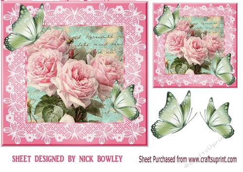 Pretty vintage pink roses on lace with butterflies 8x8