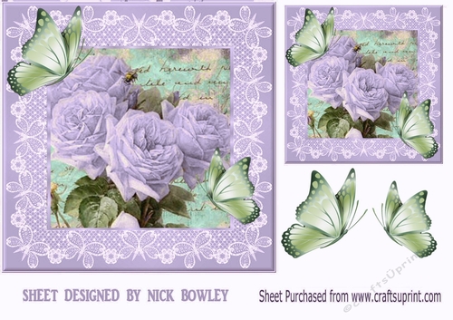Pretty vintage lilac roses on lace with butterflies 8x8