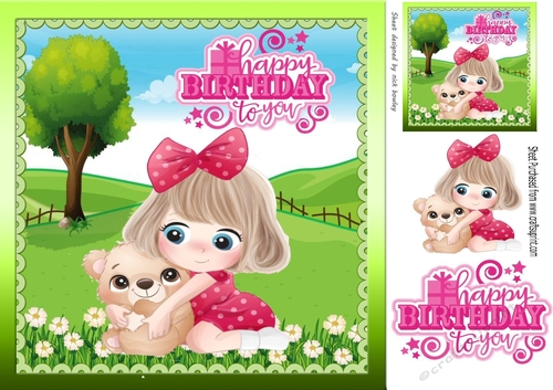cute little girl in pink with teddy in the meadow 8x8