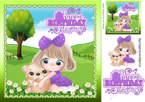 cute little girl in purple with teddy in the meadow 8x8