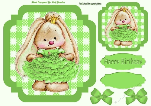 Cute bunny in green ballerina dress with bows 7x7
