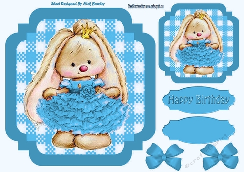 Cute bunny in blue ballerina dress with bows 7x7