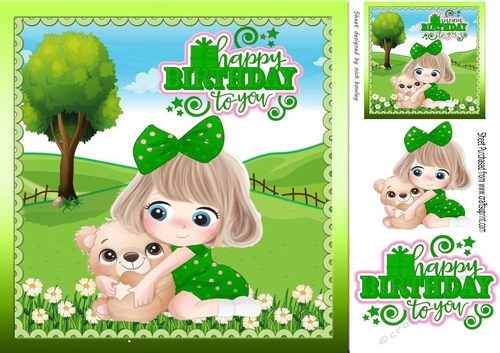 cute little girl in green with teddy in the meadow 8x8