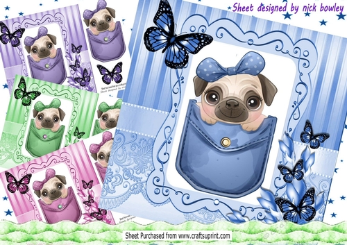  4 Cute pugs in  denim pockets with butterflies 8x8 card front mini kit