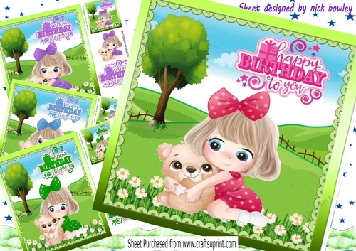  4 cute little girs with teddies in the meadow card fronts 8x8 mini kit