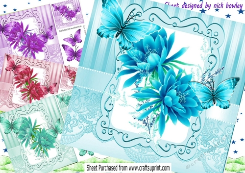  4 Pretty flowers in ornate 8x8 frames with butterflies card fronts mini kit