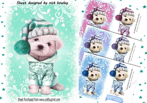  4 Cute puppies in christmas knitted hat A5 card fronts mini kit