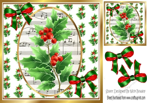  Christmas topper of holly and red berries with music and bows 8x8