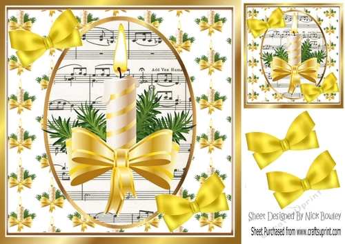Christmas topper of candle & bow with music and bows 8x8