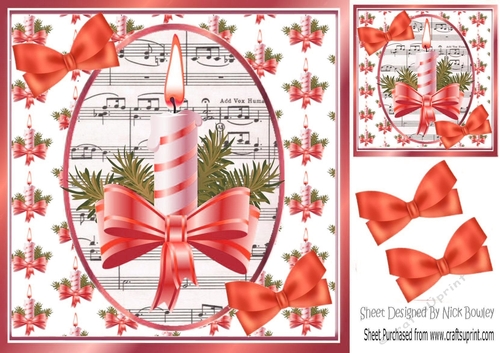 Christmas topper of candle & red  bow with music and bows 8x8