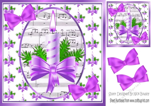 Christmas topper of candle & lilac  bow with music and bows 8x8