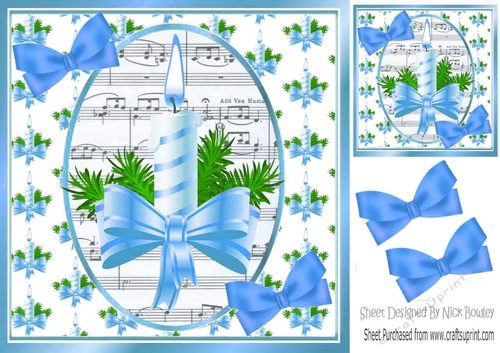 Christmas topper of candle & blue  bow with music and bows 8x8