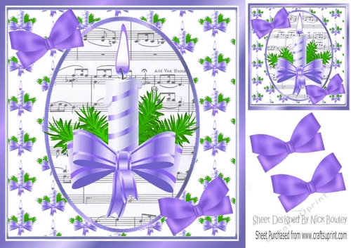 Christmas topper of candle & purple  bow with music and bows 8x8