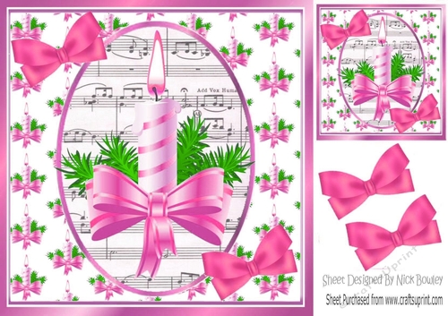 Christmas topper of candle & pink  bow with music and bows 8x8