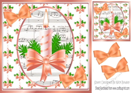 Christmas topper of candle & orange  bow with music and bows 8x8