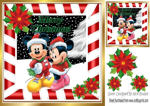 Cute minnie and mickey in the snow with poinsettias 8x8