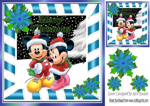Cute minnie and mickey in the snow with blue poinsettias 8x8