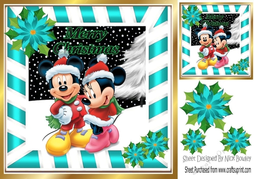 Cute minnie and mickey in the snow with turq poinsettias 8x8