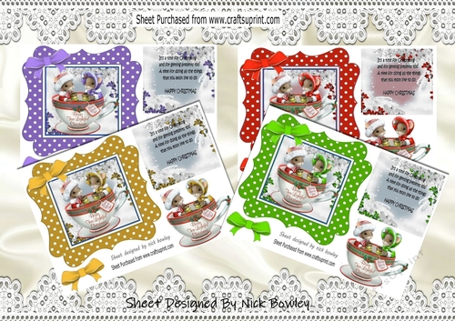  4 christmas mice in teacups, in polkadot frames card fronts mini kit (set 1)