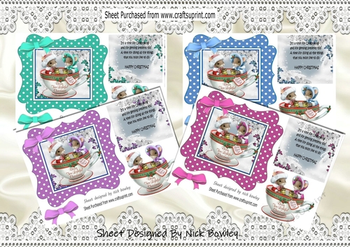 4 christmas mice in teacups, in polkadot frames card fronts mini kit (set 2)