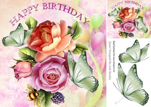 Pretty pink/peach roses with butterflies & balloons 8x8