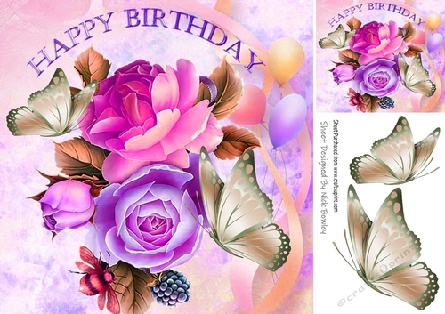 Pretty pink/purple roses with butterflies & balloons 8x8