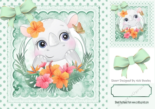 Cute Rhino with pretty flowers in polkadot frame with mint bows 8x8