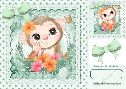 Cute monkey with pretty flowers in polkadot frame with mint bows 8x8