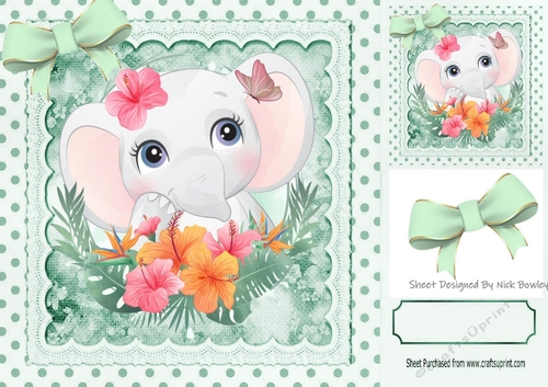 Cute elephant with pretty flowers in polkadot frame with mint bows 8x8