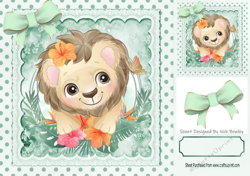 Cute lion with pretty flowers in polkadot frame with mint bows 8x8