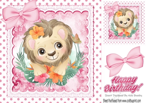Cute lion with pretty flowers in polkadot frame with pink bows 8x8