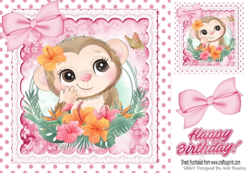 Cute monkey with pretty flowers in polkadot frame with pink bows 8x8