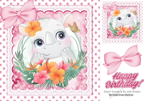 Cute Rhino with pretty flowers in polkadot frame with pink bows 8x8
