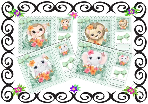  4 Cute Animals in polkadot frame with mint bows card fronts 8x8 mini kit