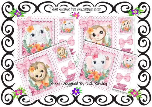 4 Cute Animals in polkadot frame with pink bows card fronts 8x8 mini kit