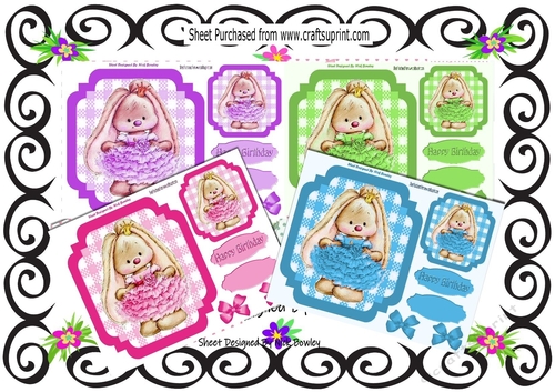  4 Cute bunnies in ballerina dresses with bows card fronts 7x7 mini kit