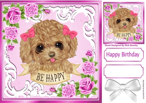 Sweet puppy with bows and pink roses 8x8