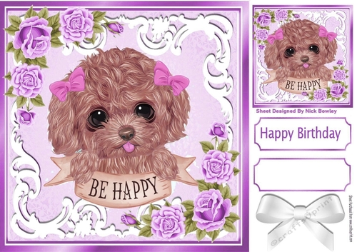 Sweet puppy with bows and lilac roses 8x8