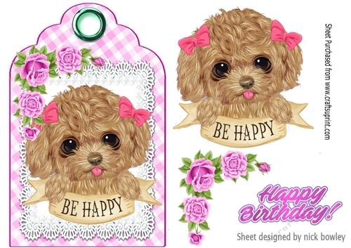 Sweet puppy with bows and pink roses on a gingham tag